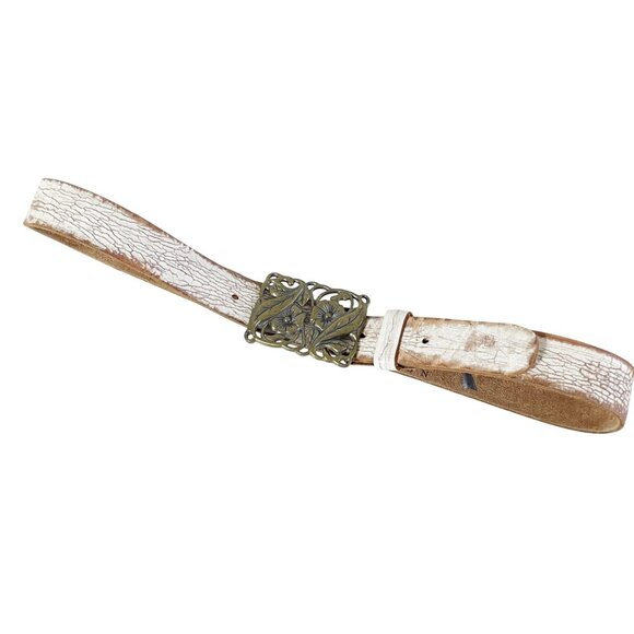 White Distressed Leather Belt with Boho Brass Floral Buckle by Goorin, Size M/L - Picture 2 of 8